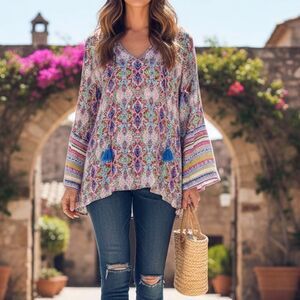 Sundance Andalusia Tunic Top Boho Geometric Print Tassel Tie V-Neck L